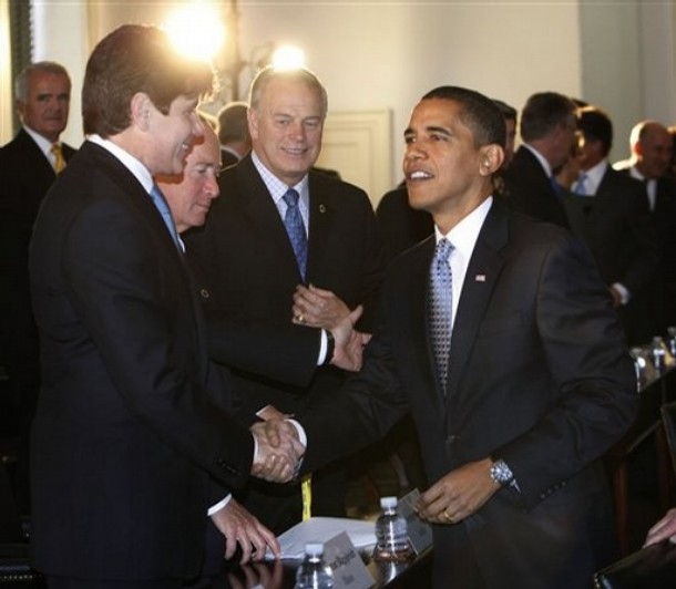 President-elect Barack Obama, right, greets Illinois Gov. Rob Blagojevich, left, at the Bipartisan meeting of the National Governor's Association at Congress Hall, Tuesday, Dec. 2, 2008 in Philadelphia, Pa. Looking on are Gov. of Indiana., Mitch Daniels, left center, and Gov. of Ohio, Ted Strickland, right center.(AP Photo/Pablo Martinez Monsivais)